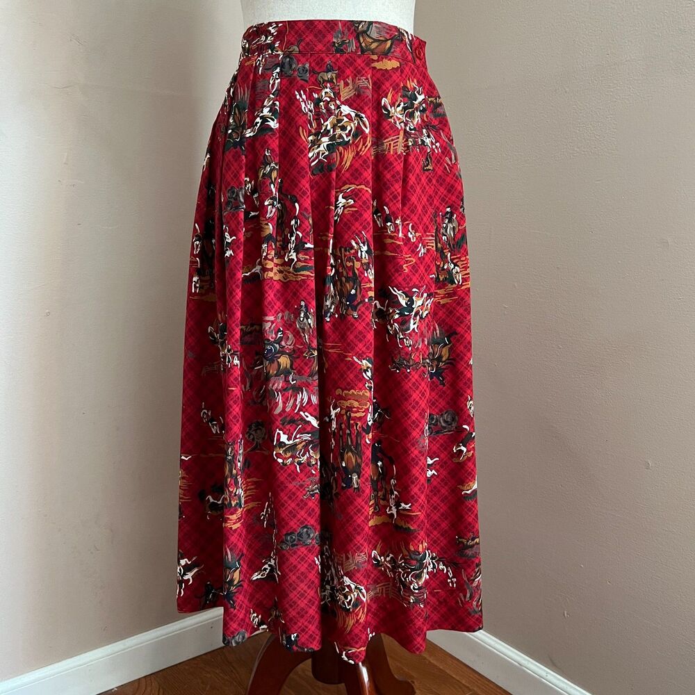 Vintage‎ Leslie Fay Red Equestrian Horse Print Midi Skirt Derby Prairie Size 8P